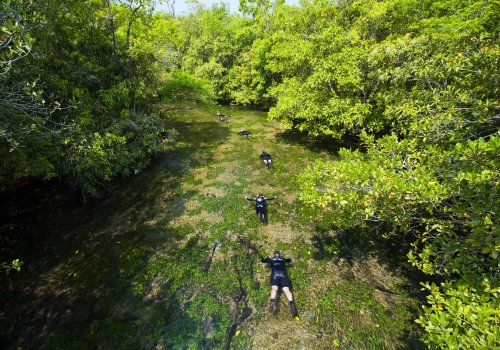 Vista de drone do passeio de flutuação no Recanto Ecológico Rio da Prata