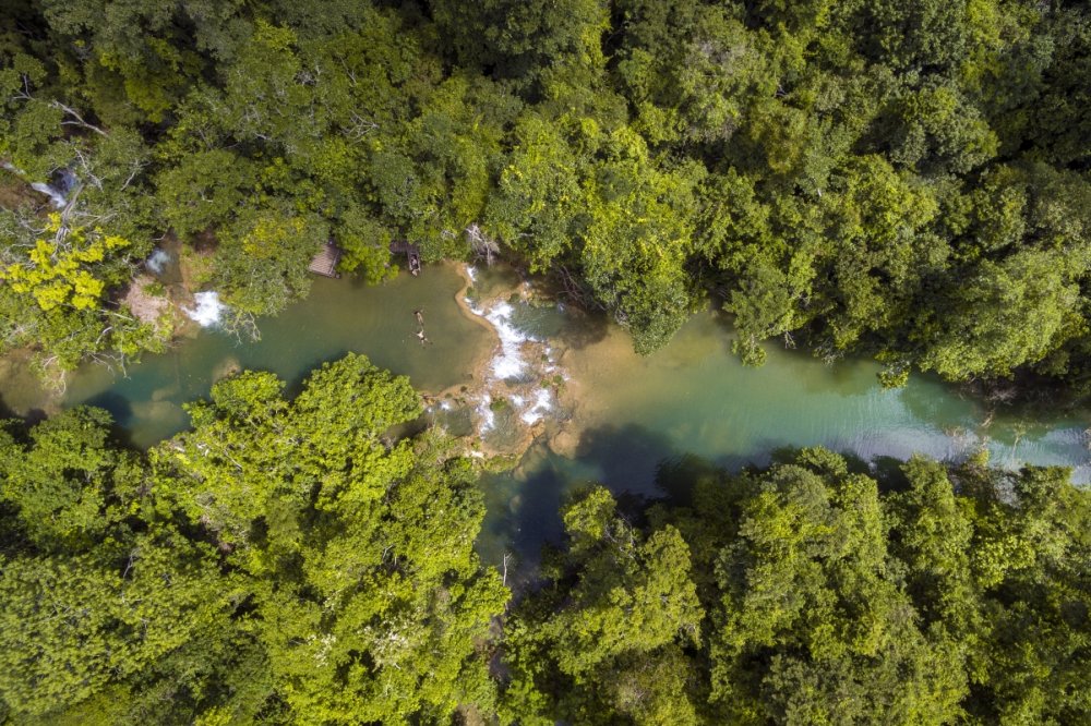 Vista aérea da água e da mata · Estância Mimosa Vista aérea da água e da mata — Estância Mimosa.