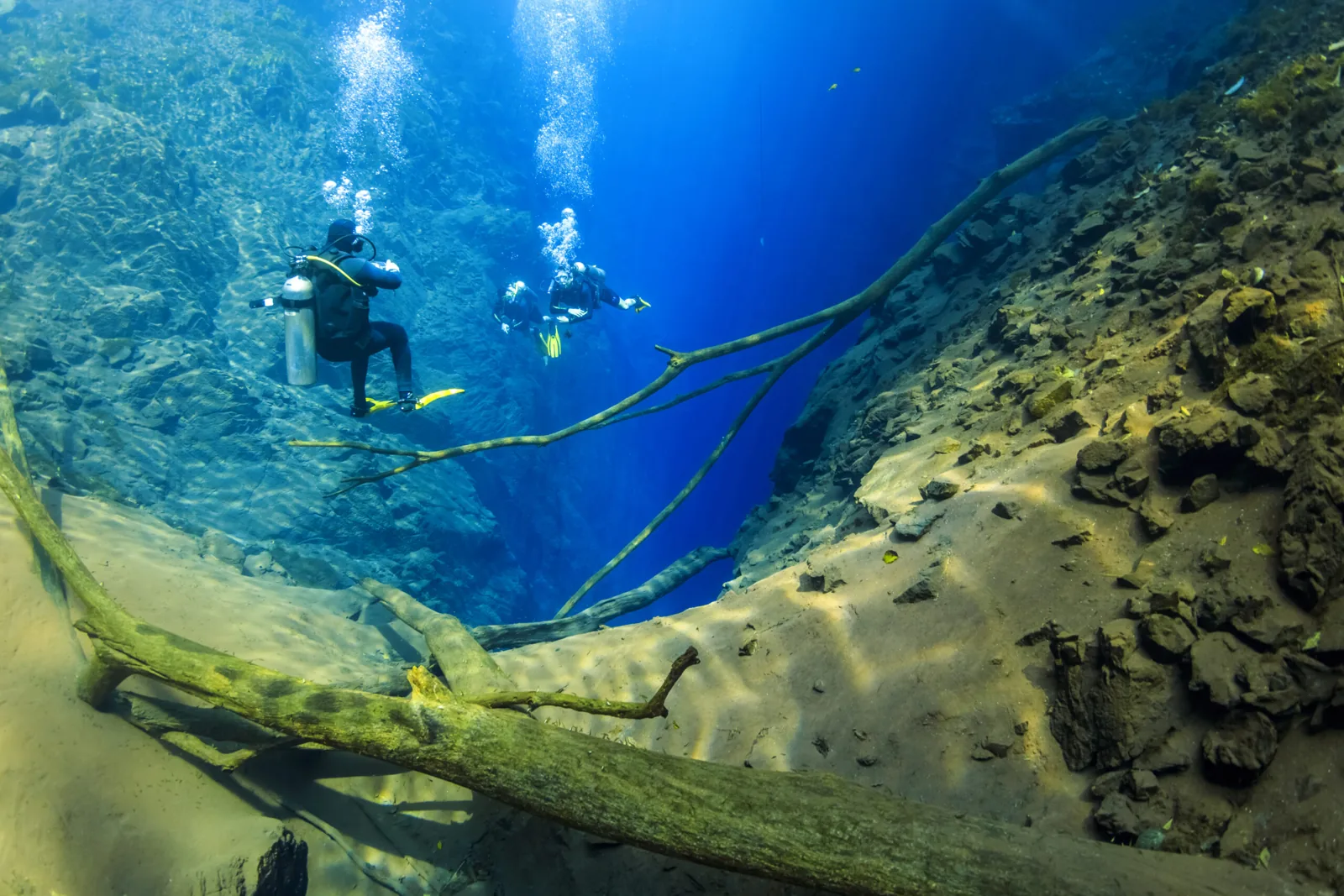 Mergulhadores no amplo cenário subaquático da Lagoa Misteriosa Mergulhadores no amplo cenário subaquático da Lagoa Misteriosa