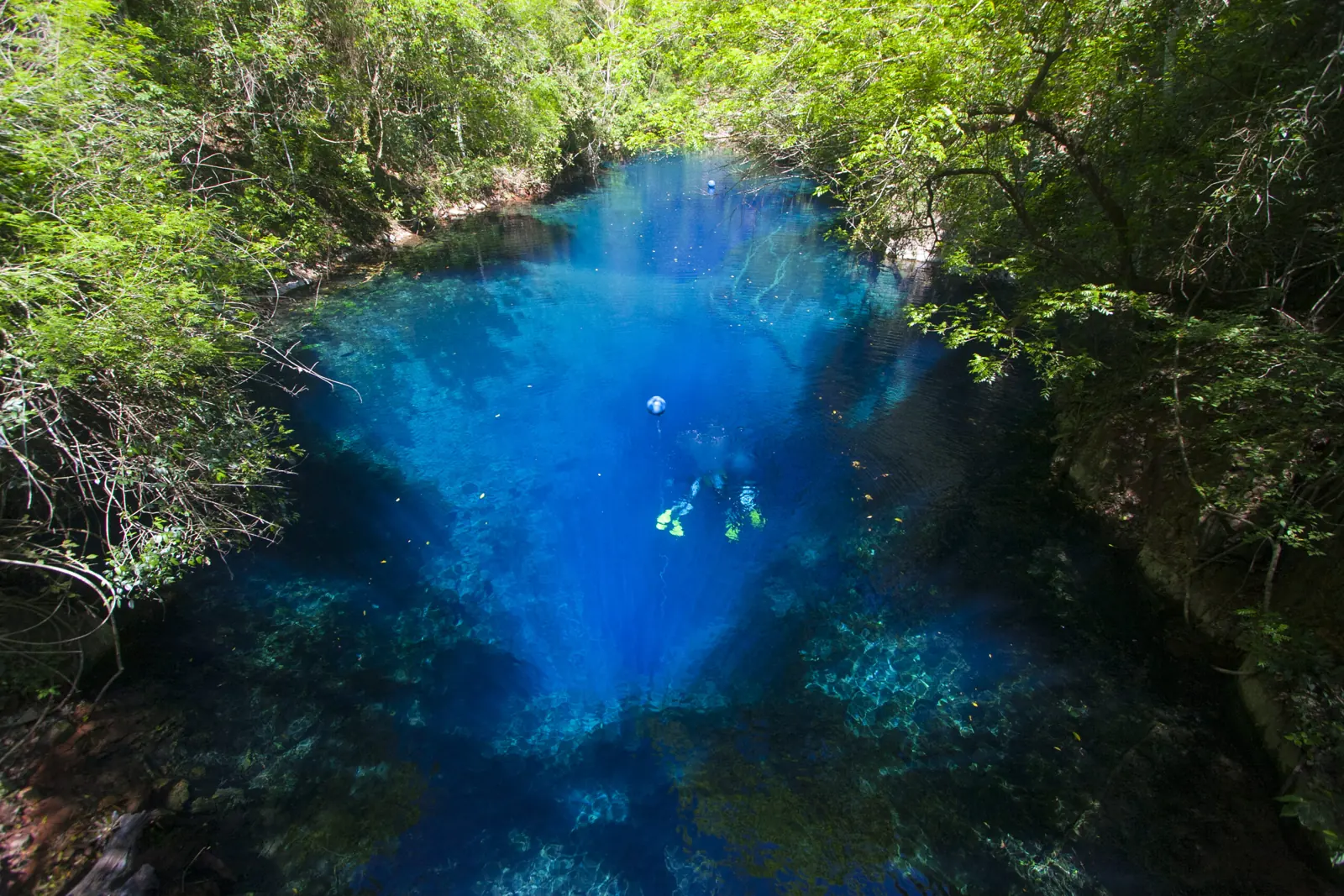 Vista aérea da Lagoa Misteriosa cercada pela mata, com visitantes na água Vista aérea da Lagoa Misteriosa cercada pela mata, com visitantes na água