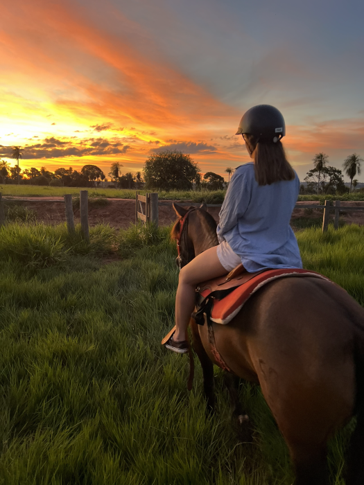 O passeio a cavalo no Recanto Ecol&oacute;gico Rio da Prata proporciona momentos de contempla&ccedil;&atilde;o do p&ocirc;r do sol em meio &agrave; paisagem natural da regi&atilde;o. Uma experi&ecirc;ncia tranquila e aut&ecirc;ntica de ecoturismo em Jardim/MS, ideal para quem busca conex&atilde;o com a natureza.