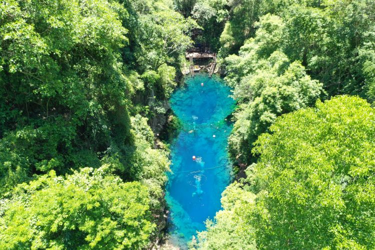 A transparência das águas da Lagoa Misteriosa, localizada em Jardim, no Mato Grosso do Sul, impressiona até mesmo de cima e conta com uma visibilidade até 40 metros.